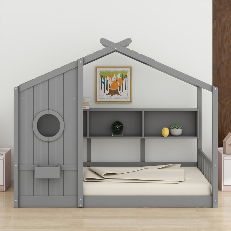 Lit sur pied avec tablette de rangement, Gris
