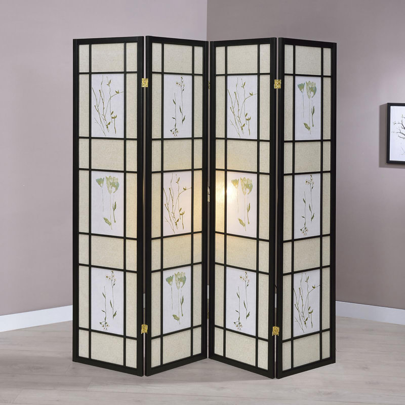 Beige and Black Floral Print 4-Panel Folding Screen
