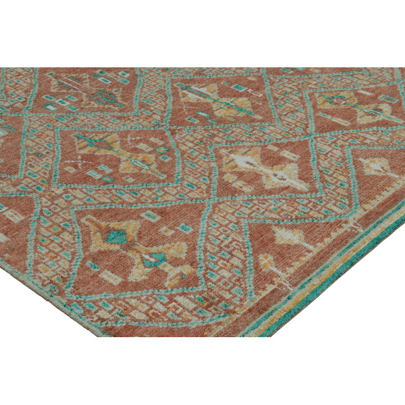 Moroccan Hand Knotted Geometric Area Rug in Red, Green, Orange, Teal, Rectangle 10' x 14'
