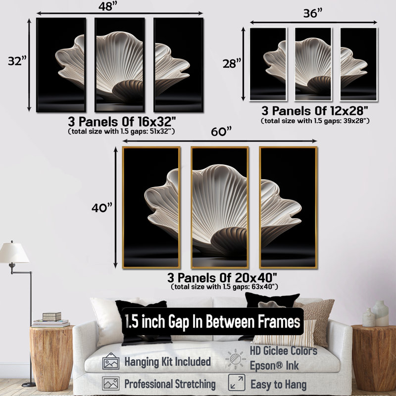 Ensemble de décorations murales monochromes palourdes gris anthracite, H 28 po x l 36 po x P 1 po, Cadre flottant blanc