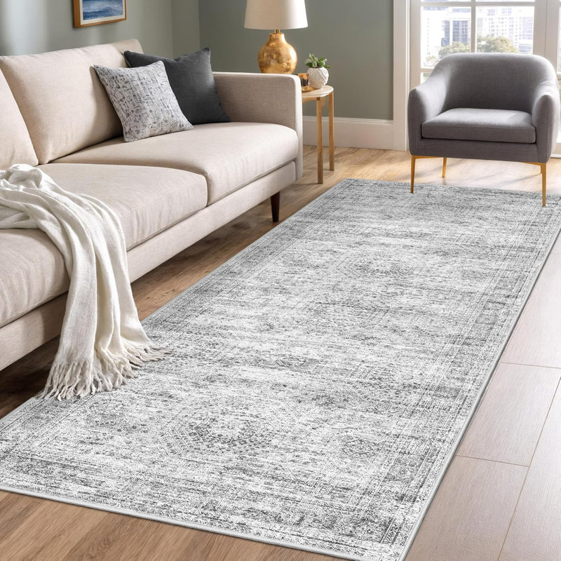 Vintage Distressed Non Slip Washable Rug(Grey), Runner 3' x 8'