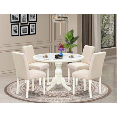 5-Piece dining table set includes a pedestal kitchen table and 4 High Back Parsons chairs with Light Beige Linen Fabric, Linen White finish.