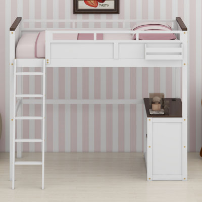 Lit mezzanine avec bureau intégré, étagères ouvertes, coffre de rangement et port de chargement USB