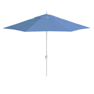 Parasol de patio blanc mat 11 pieds avec nervures en fibre de verre et col inclinable en toile cyan Sunbrella