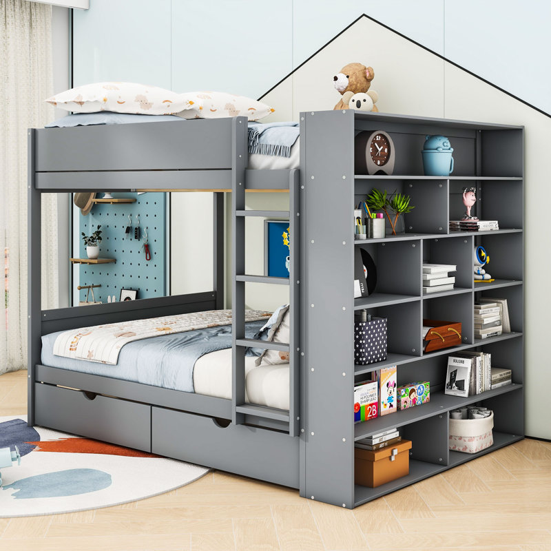 Huesman Wooden Bunk Bed With Two Storage Drawers And Multi-Layer Shelves, Gray, Full Over Full