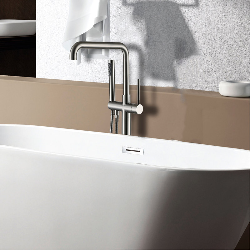 Blush Color Freestanding Bathtub Faucet With Hand Shower , 3 Handles, Metal, 6.46 In W X D 42.24 H, 11.3 Lb W/ Shower, Blush, 6.46" , 42.24" - Bathroom Accessory