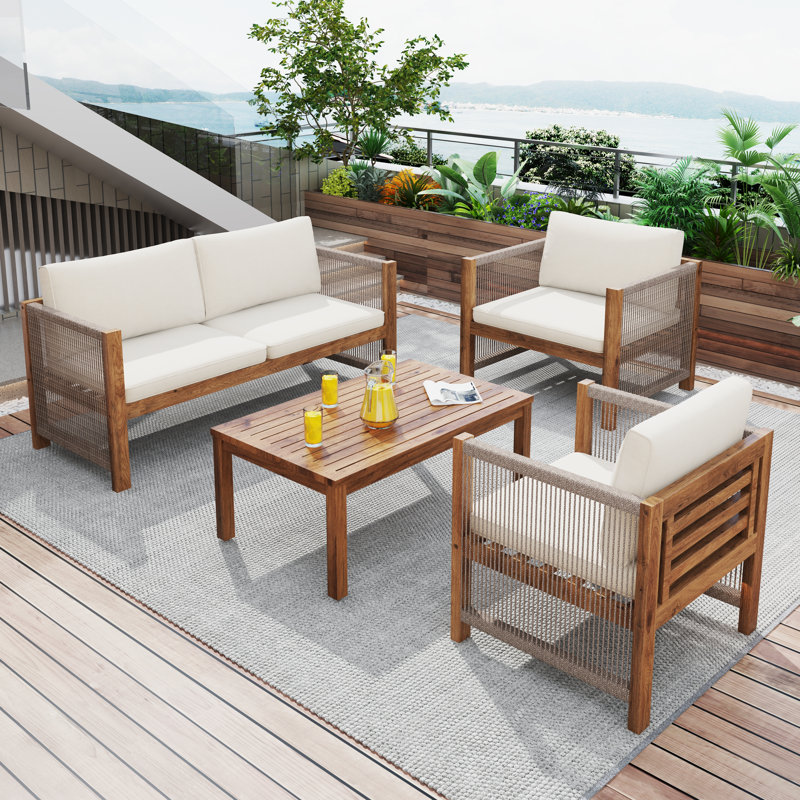 4 - Person Acacia Wood Lounge Set With Cushions, Beige