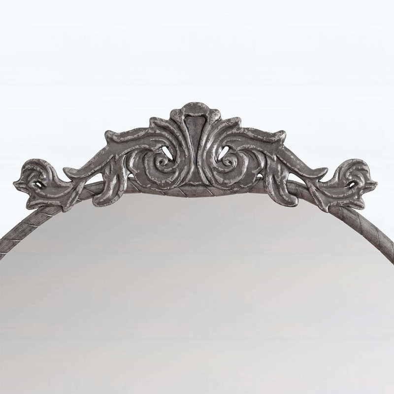 58x24 Inch Arched Mirror with Vintage Carved Applique, Antique Silver
