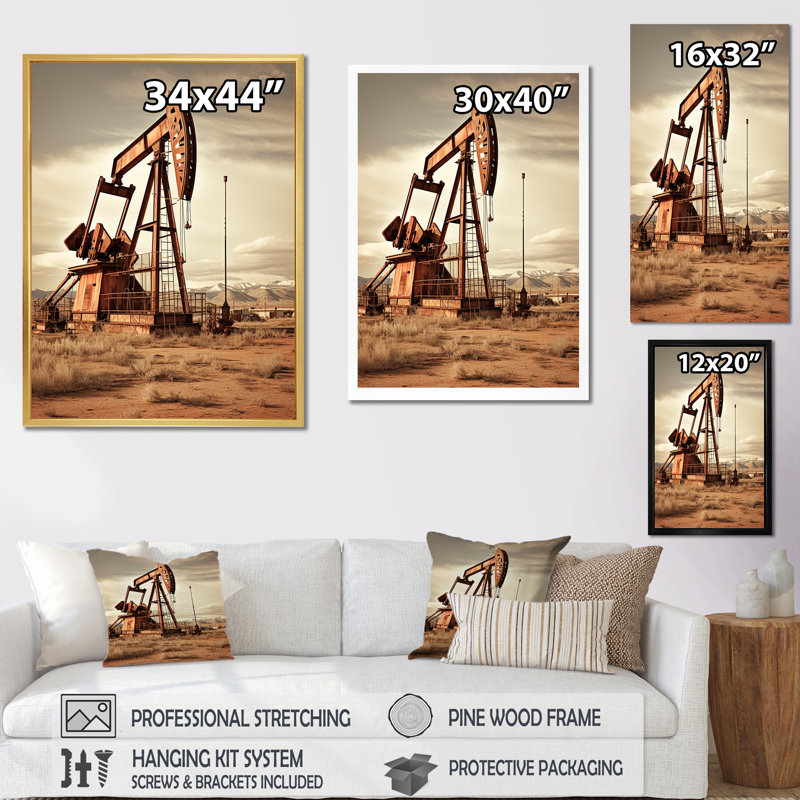 «Modern Sepia Drilling Rig Field», reproduction sur toile, Cadre flottant doré, H 32 po x l 24 po x P 1 po