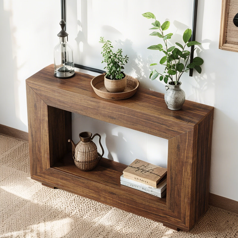 Console rectangulaire brune avec base en bois manufacturé pour espaces confortables