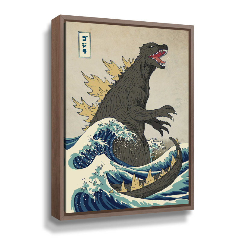 « the great monster off kanagawa », impression sur toile, H 36 po x l 24 po x P 2 po, Cadre flottant en noyer