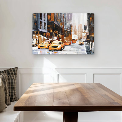 Big City Street with Yellow Taxi - Brown Car Metal Print Decor