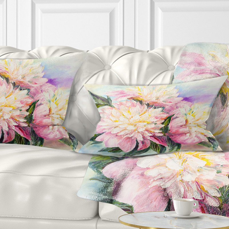Fleurs pivoines roses - Coussin imprimé floral, 12 po x 20 po, Coussin lombaire