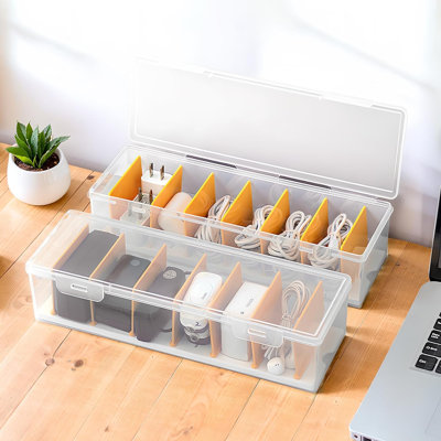 Ensemble de 2 boîtes de rangement de câbles transparentes avec couvercle, organisateur de rangement pour cordon de câble en plastique, organisateurs de bureau, rangement d'accessoires multifonctionnel pour bureau à tiroirs, empilable