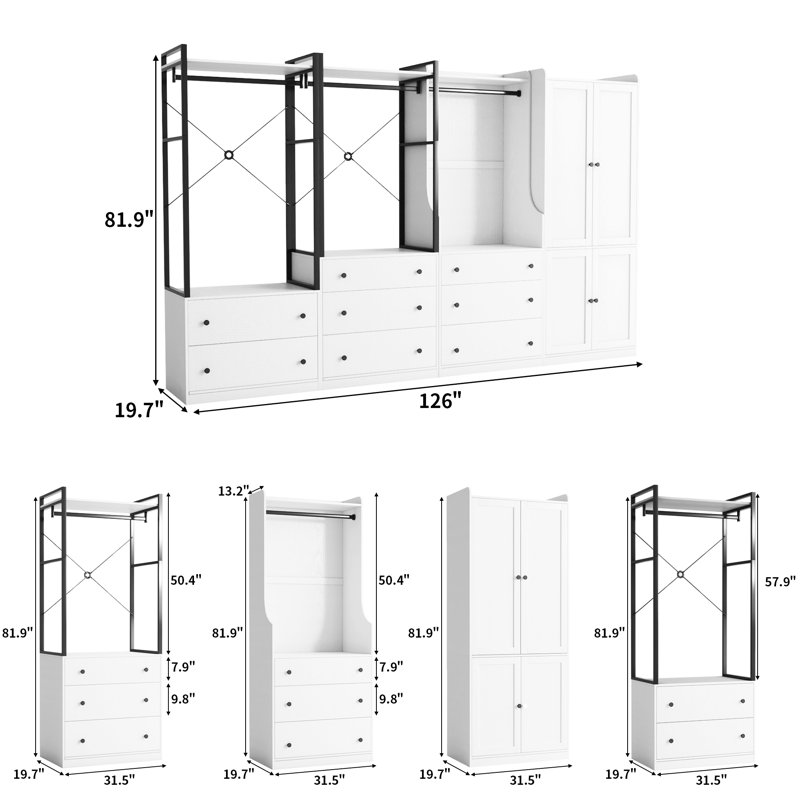 71" Modern Freestanding Wardrobe Armoire With Storage Drawers And Hanging Rod