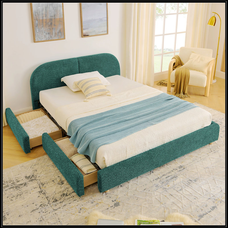 Structure de lit tapissier pour grand lit avec tête de lit courbée, rangement de tiroir à roulettes et support de pieds robuste - Style minimaliste moderne en vert