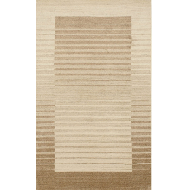 Ivory Hand-Knotted Wool Viscose Framed Horizon Stripe Geometric Modern Contemporary Carpet Rug, 8' x 10'