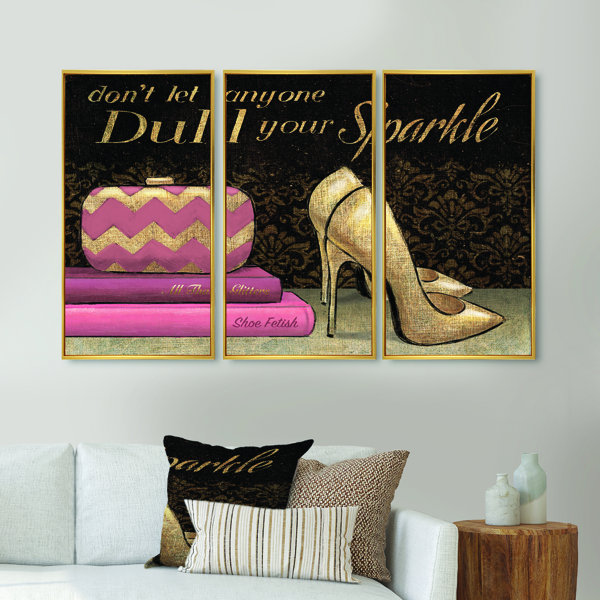 DesignArt Gold Fashions High Heels Framed On Canvas 3 Pieces Print ...
