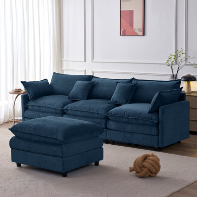 Canapé modulaire en tissu de chenille rembourré en tissu de chenille doux de 105 po avec 3 places et repose-pieds de 105 po bleu
