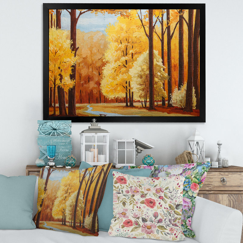 Arbres d'automne orange à l'aube - Peinture sur toile, H 30 po x l 40 po x 1,5 po, Cadre photo noir