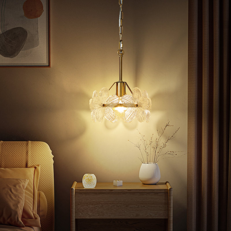 1 - Light Dimmable Single Pendant With 5 Glass Petal Shade, Gold