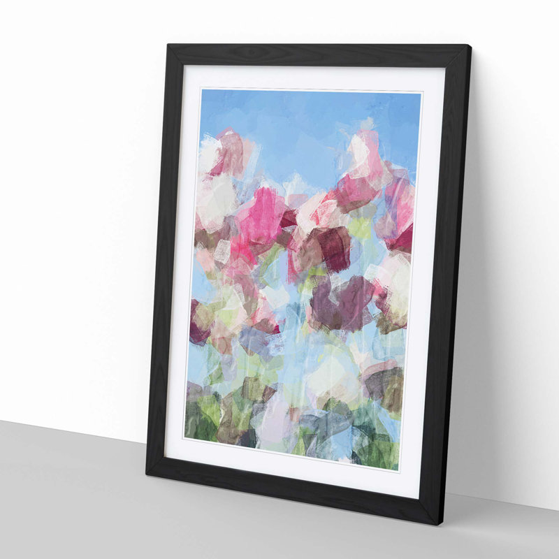 Pink & White Tulip Flowers in Abstract - Picture Frame Painting Print, 76cm H x 50cm W x 2cm D, Black