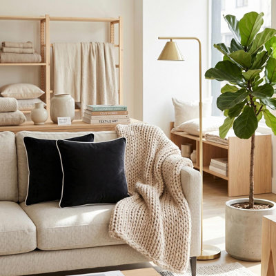 Housse de coussin simple en velours avec bordure roulée noire et blanche