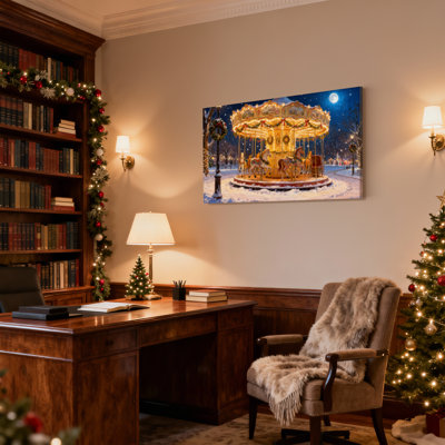 Christmas Christmas Carousel Snowy Night Moonlight Lights Set of 3 Canvas Wall Art Prints