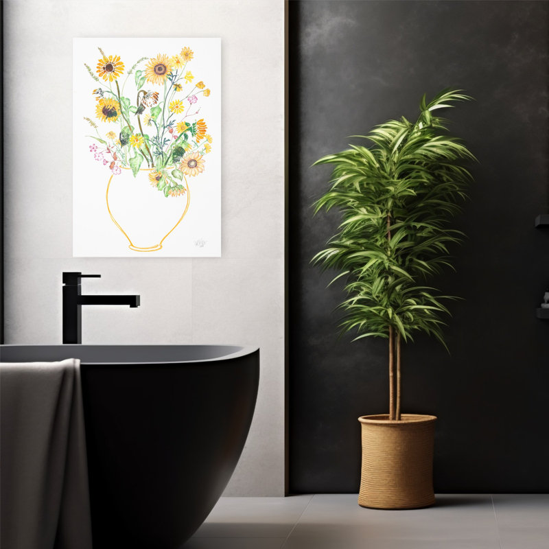 Art contemporain contemporain coloré délicat avec fleur rose délicate, H 24 po x l 16 po