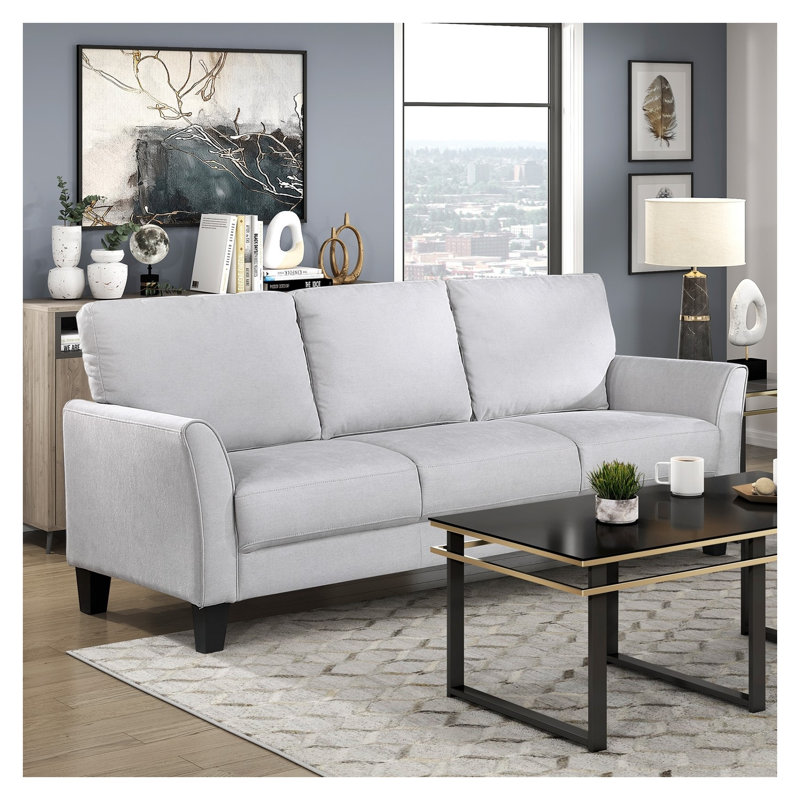 Canapé moderne à 3 places avec accoudoirs évasés, tissu en polyester gris et structure en bois massif pour le salon