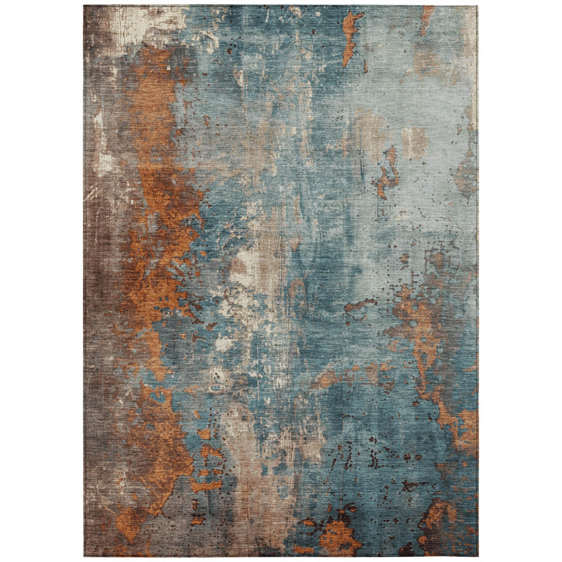 Tapis bleu sarcelle lavable à la machine intérieur / extérieur Xhevrie, Rectangle 10 pi x 14 pi