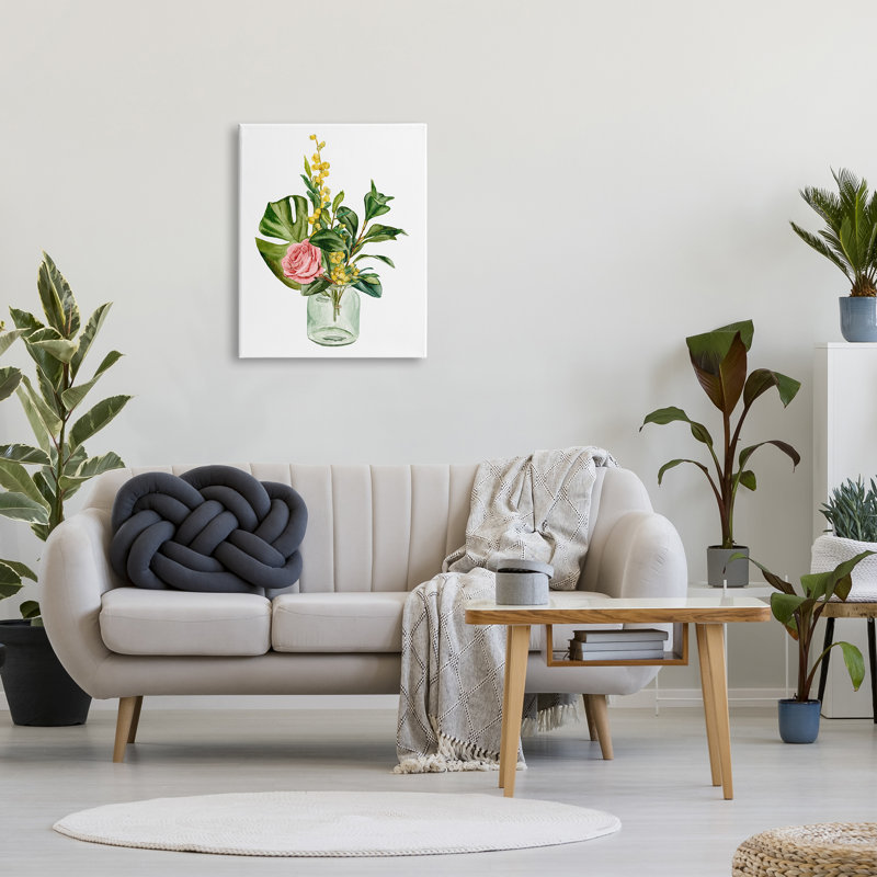 Aquarelle de pot de verre bouquet de roses roses et jaunes par Melissa Wang, Toile tendue, H 30 po x l 24 po x P 1,5 po