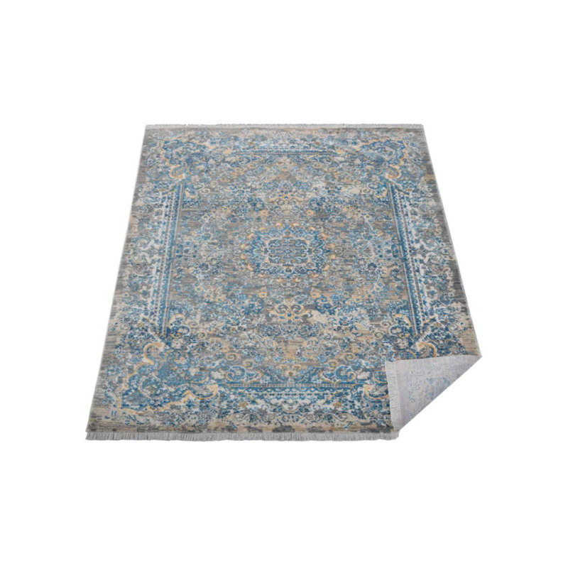 Tapis rectangulaires en polyester Beier Machine Made | Gris bleu | Conception orientale, tapis à faible épaisseur faits à la machine pour le salon, la chambre à coucher