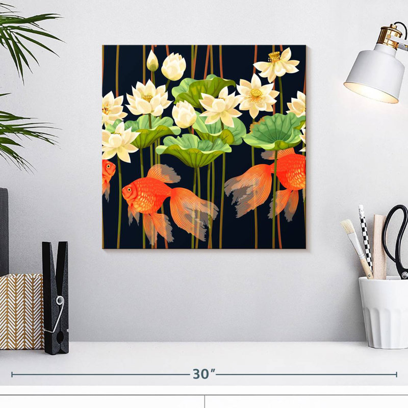 Poisson rouge Brampt et fleurs de lotus, H 16 po x l 16 po