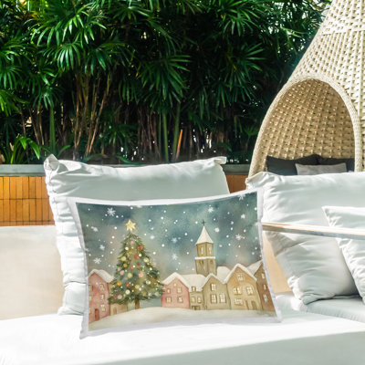 Christmas Village Snowfall Outdoor Printed Pillow design by LSR Design Studio