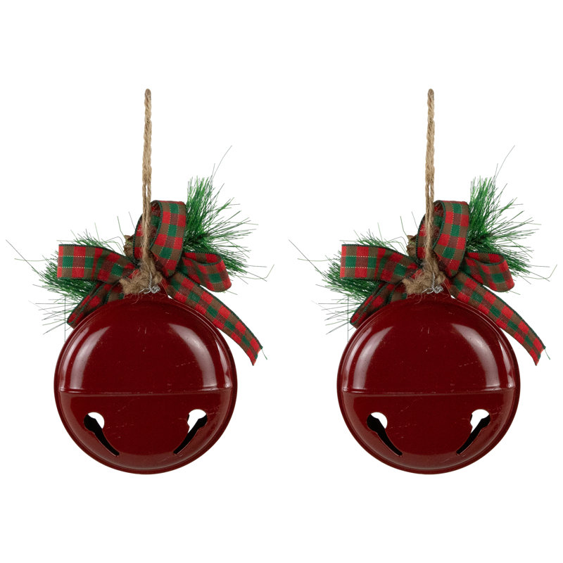 Jingle Bells With Bow And Pinecones Christmas Disc Ornaments - 5" - Set Of 2, Red