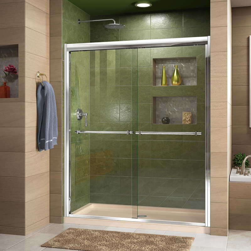 Duet 60" W x 74.75" H Semi-Frameless Sliding Shower Enclosure, Center, Chrome/Biscuit
