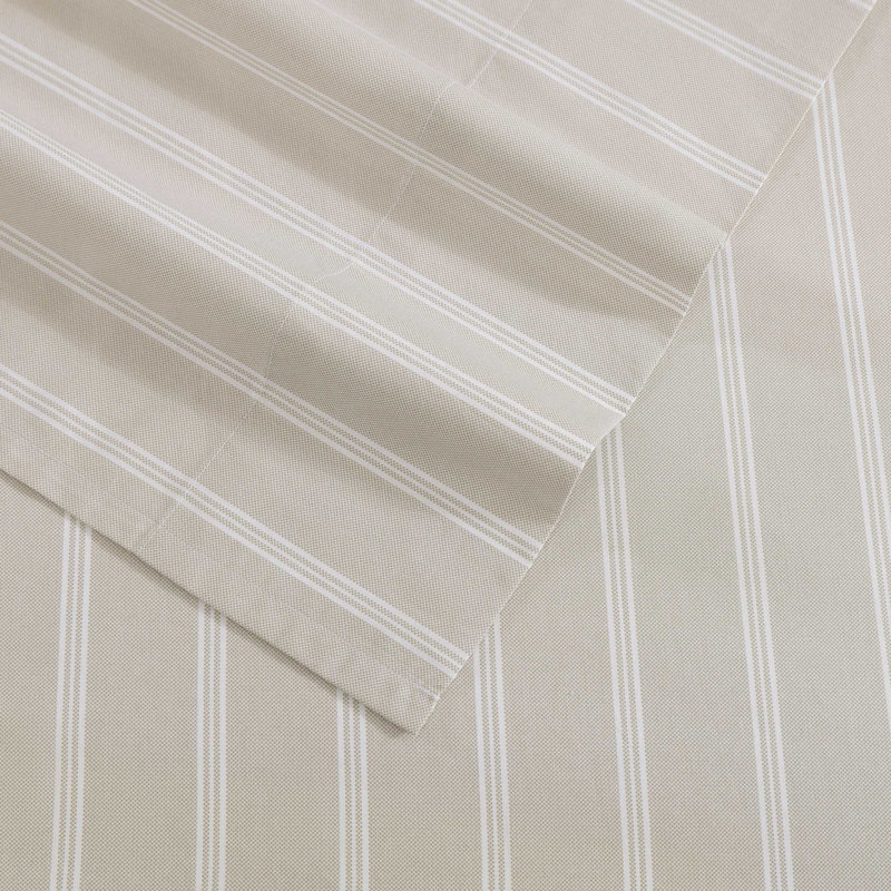 Tommy Hilfiger Printed Percale Cotton Sheet Set, Full Sheet Set with 2 Pillowcases, Beige Striped