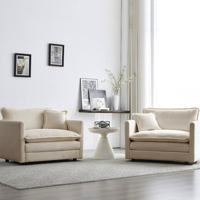 Chaise haute d'appoint 2 places, revêtement en chenille beige, fauteuils de salon avec coussin, 2 chaises en bois avec base, structure solide, coussin latéral rembourré confortable pour la zone