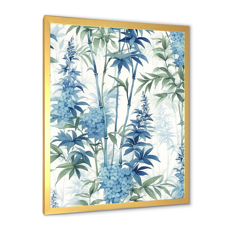 Sérénité chinoise en bambou bleu II sur toile, Encadrement doré, H 40 po x l 30 po x P 1,5 po