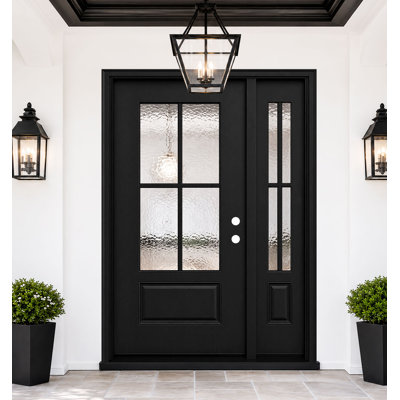 Porte d'entrée avant en fibre de verre noire 53 po x 80 po avec verre martelé et panneau latéral de 14 po, finition brossée lisse, ouverture vers la gauche