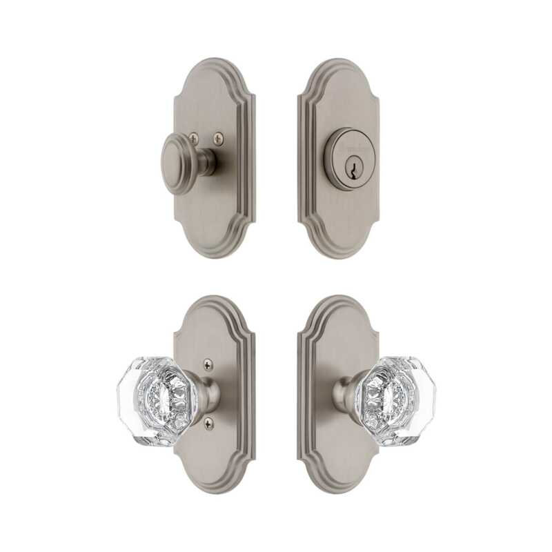 Grandeur Arc Short Plate Entry Set with Chambord Crystal Knob in Timeless Bronze, 2.375", Nickel satiné