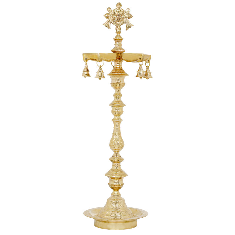 Lampe sur pied 39 "en laiton Vaishnava fabriquée à la main - Grand temple traditionnel à l'huile avec symboles chakra et conque