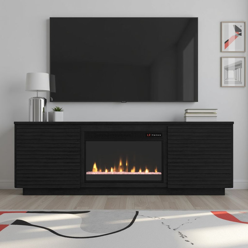 Meuble télé en bois massif avec foyer électrique pour téléviseur de 100 po ou moins Stella, H 25 po x l 73 po x P 18 po, Noir
