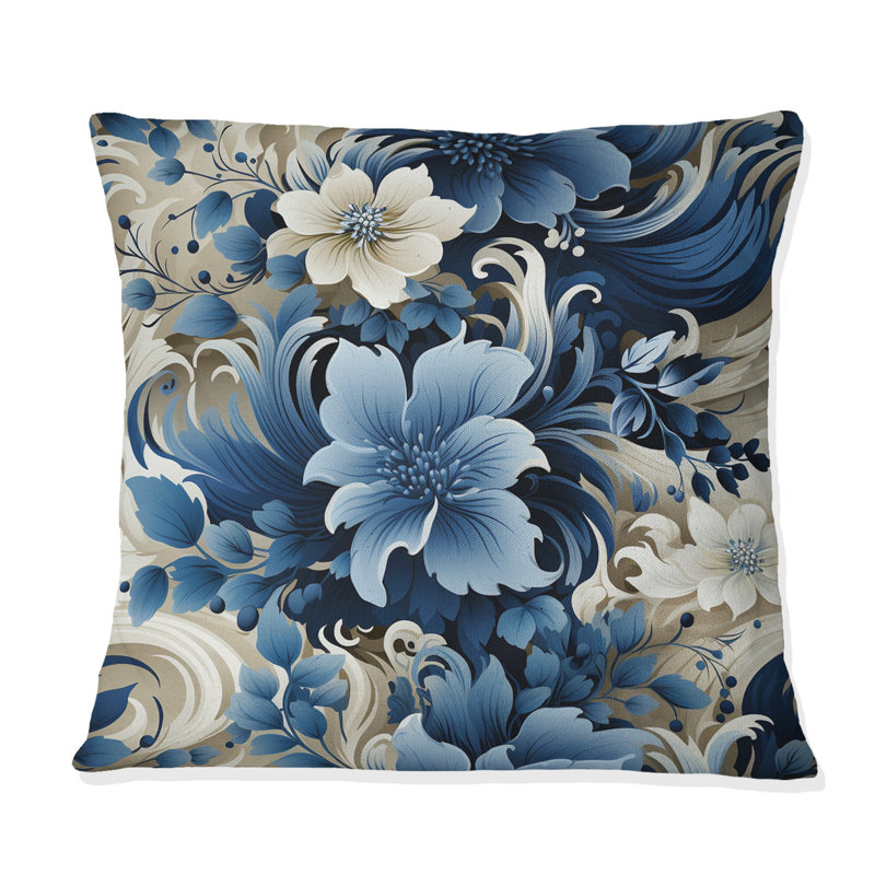 Coussin romantique à motif floral de tourbillons bleu victorien III - imprimé floral, H 18 po x l 18 po