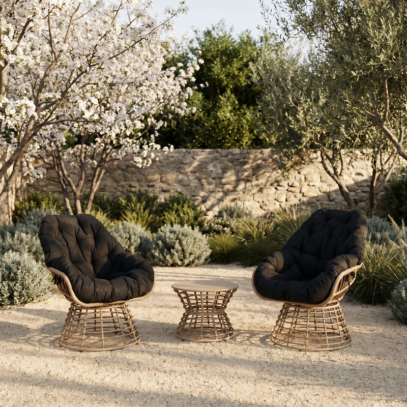 Chaises longues pivotantes en osier pour 2 personnes avec table d'appoint ronde et coussins, Noir