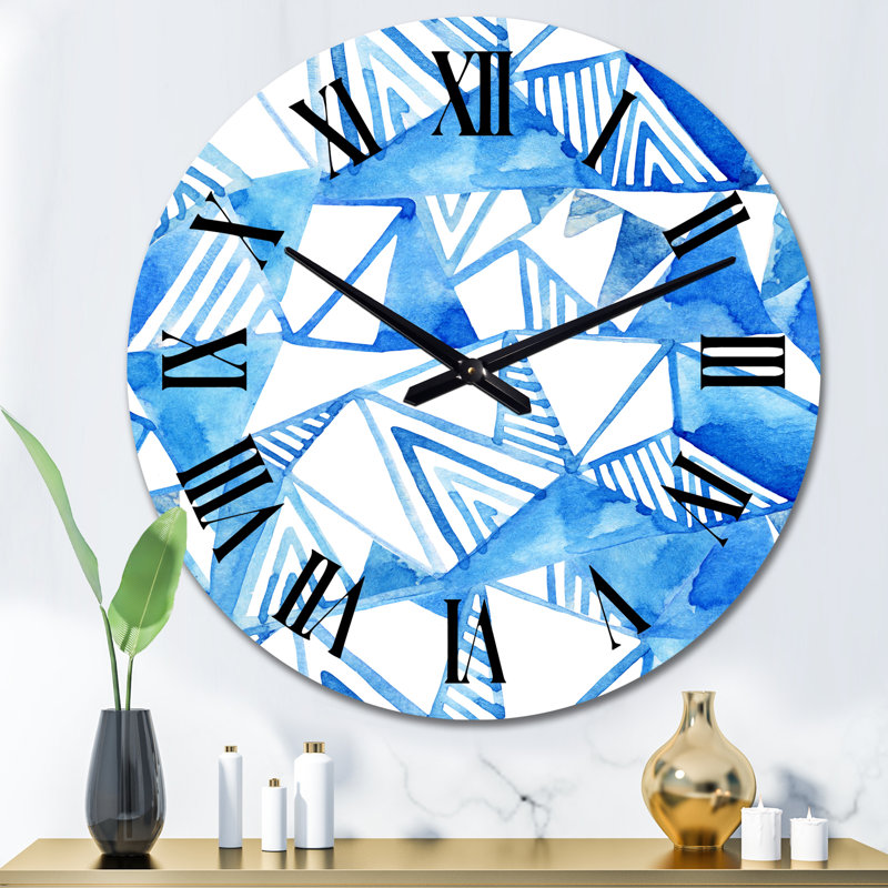 Triangular Light Blue Geometrics on White Ii - Patterned Wall Clock, Medium