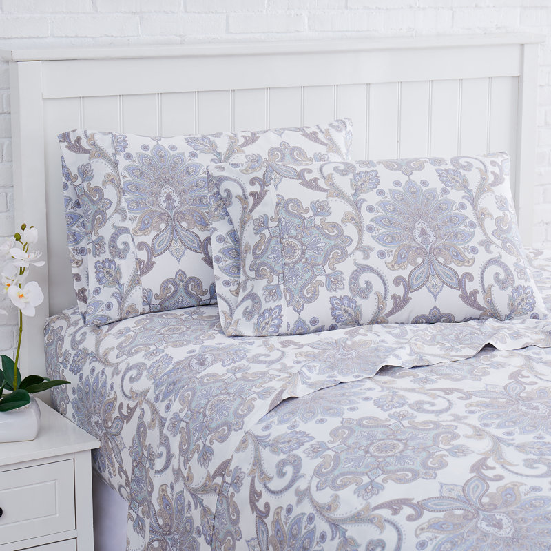 Serenity 300 Thread Count Floral 100% Cotton Sateen Sheet Set, Full/Double