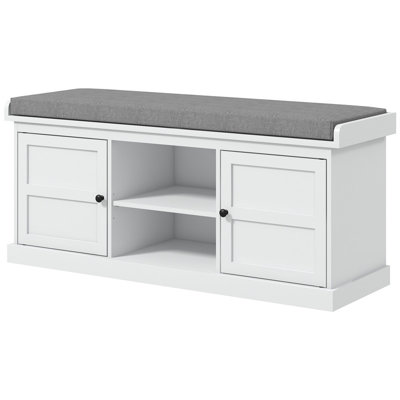 HOMCOM White Shoe Storage Bench with Padded Cushion, 2 Cabinets & Adjustable Shelf, Entryway Bench for Hallway, Living Room, Bedroom