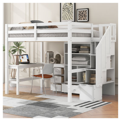 Lit mezzanine double avec bureau en L, escalier de rangement et tiroirs - Mobilier de chambre à coucher peu encombrant blanc